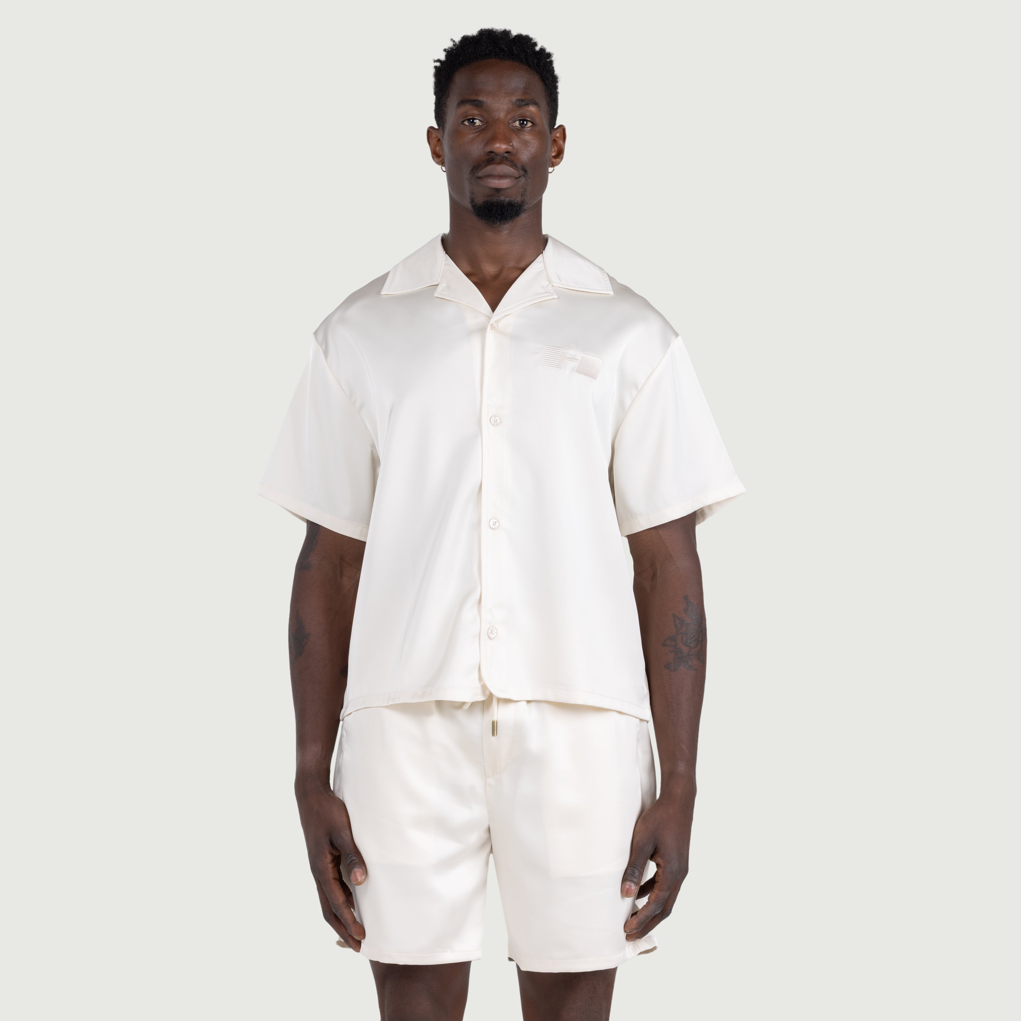 Satin Chest Logo Camp Collar - Sand