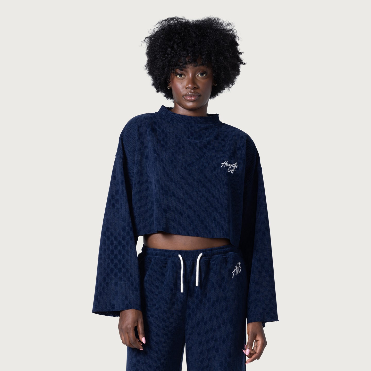 Womens Textured Cropped Crewneck - Blue