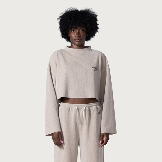 Womens Textured Cropped Crewneck - Stone