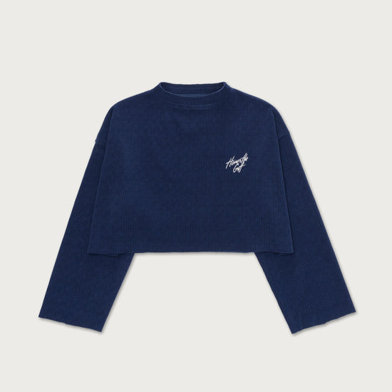 Womens Textured Cropped Crewneck - Blue