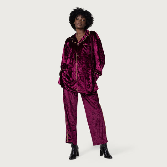 Womens Velvet PJ Shirt - Burgundy
